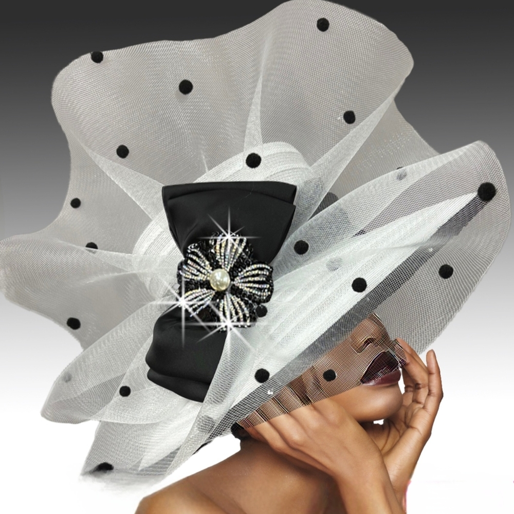 Beloved Millinery Stunning Couture Jeweled Brooch Black White Polka Dot Hat